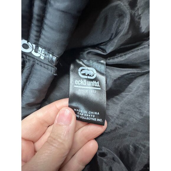 Ecko Unltd Black Puffer Vest Small Gray Hood Zip Up Streetwear Logo Tape - Picture 6 of 6